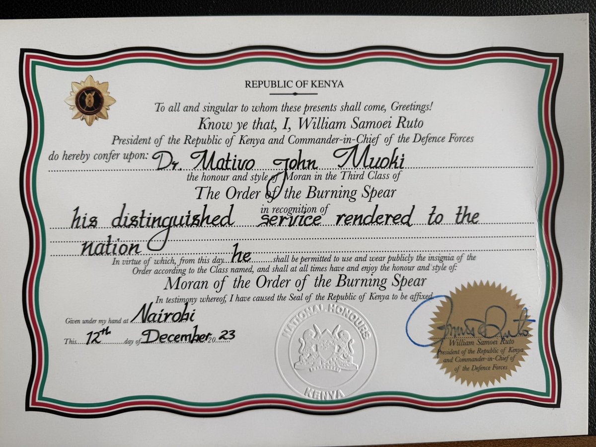 MativoMJohn's tweet photo. I finally physically received the December 2023 award conferred upon me in the honor and style of “Moran of the Order of the Burning Spear” for distinguished service rendered to the nation. 

Recognition for Engineering Infrastructure works across many sectors and also for Charity works with @3esExperience 

Dr. Eng. John Mativo MBS
