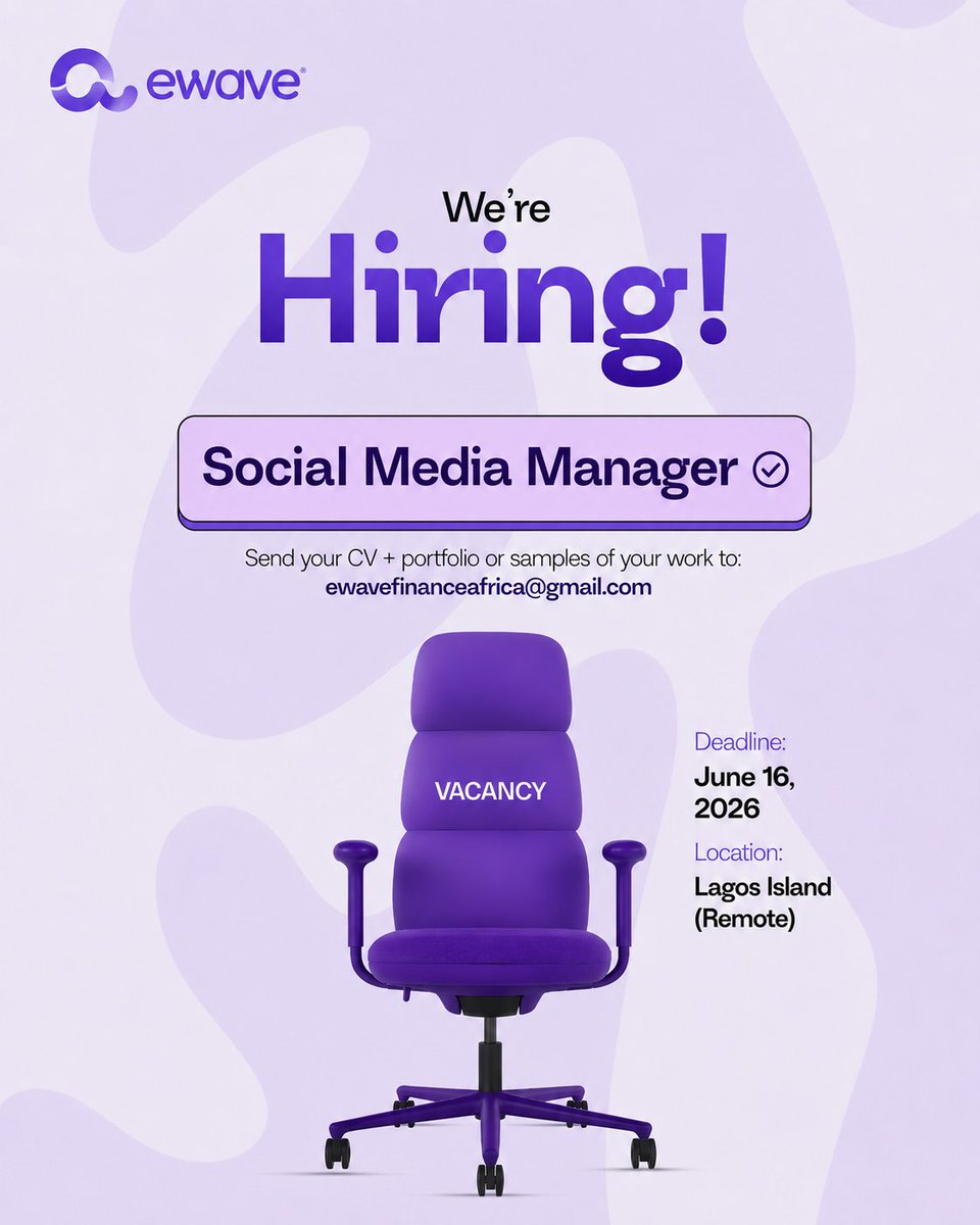 Ewavefin's tweet photo. We're hiring a Social Media Manager at Ewave.

If you know how to:
• Create content people actually engage with
• Grow communities
• Turn product updates into stories
• Build a brand from the ground up

We want to hear from you.

Fintech, crypto, or Web3 experience is a plus.

Send your CV, portfolio & social handles to:
ewavefinanceafrica@gmail.com

Subject: Social Media Manager Application

Let's build Africa's stablecoin bank together! 💜