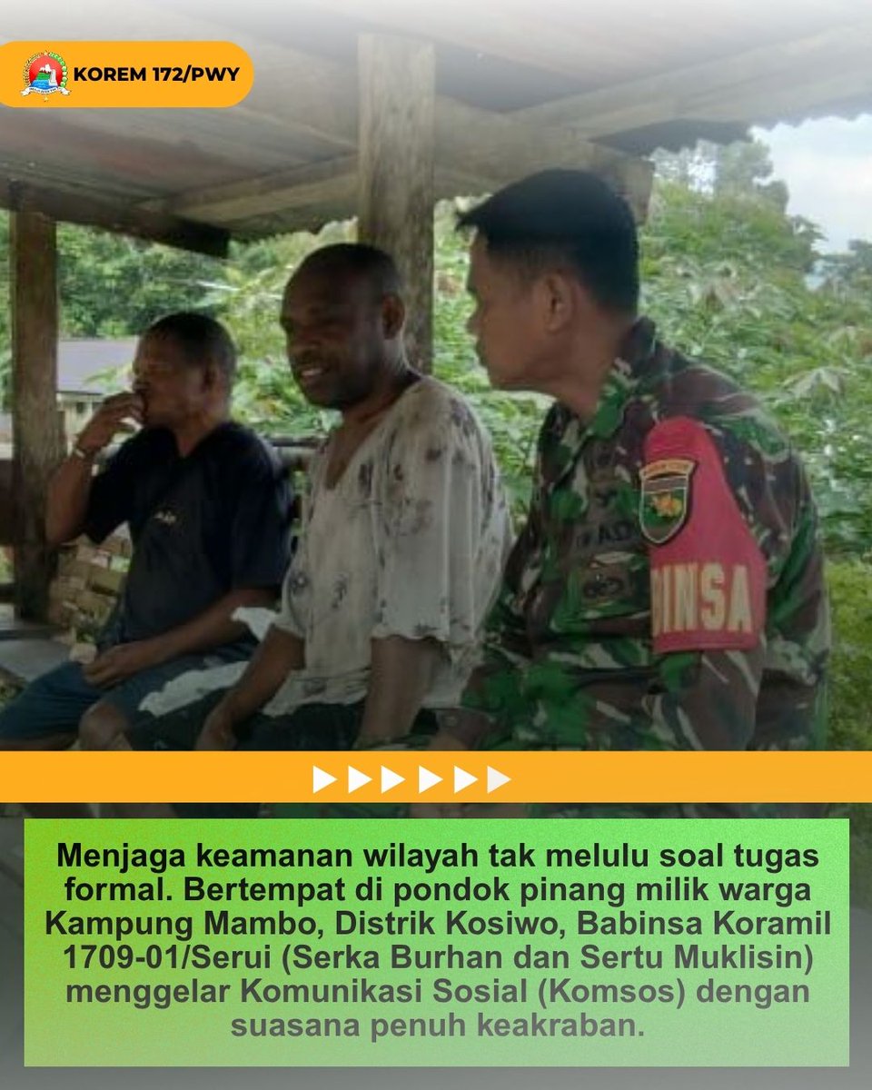 korem172pwy's tweet photo. Ngobrol Santai di Pondok Pinang, Babinsa Serui dan Warga Kampung Mambo Bahas Keamanan Wilayah

https://t.co/x2GukoEjlh

https://t.co/DpWrduN8Uv

https://t.co/POUP6zI0Cc https://t.co/p2pxhgRI3w