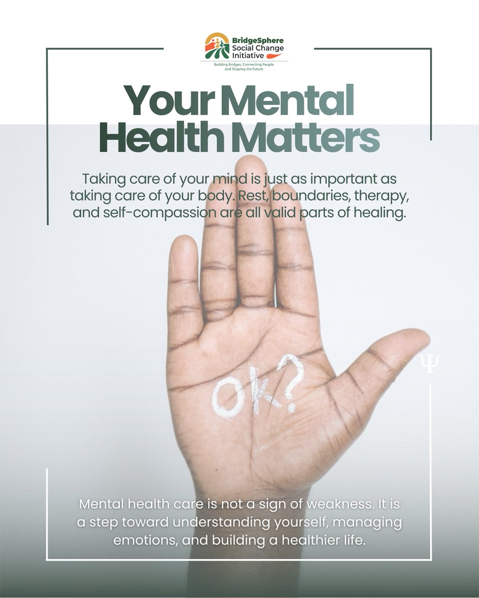 BridgesphereSCI's tweet photo. Mental health care isn't a sign of weakness, it's how you show up stronger for yourself and the people around you.
Your mind matters. Take care of it.
#MentalHealthMatters #BSCI https://t.co/Yg8lTHuqon