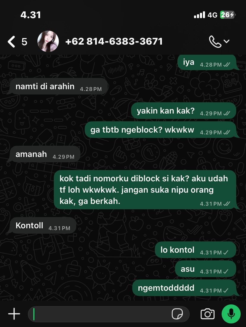 lovrnjun's tweet photo. setelah aku chat diakunku satunya, respom dia malah gini brengsek. amanah amanah jari lu. semoga hidupmu ga tenang ya kak.. https://t.co/Na1TEKQsXL