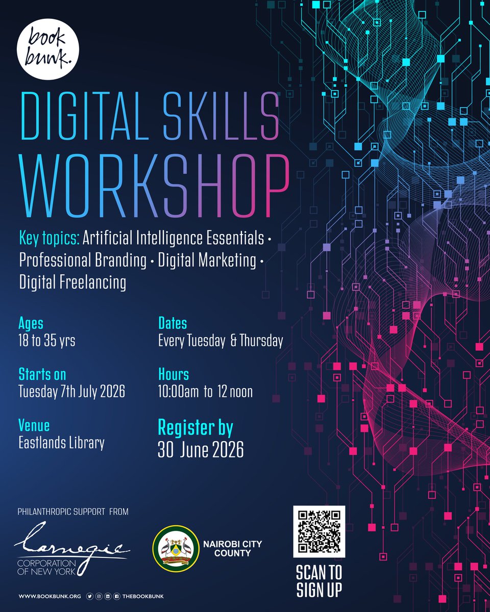 TheBookBunk's tweet photo. Are you looking to understand AI, strengthen your professional brand, explore digital marketing, or start freelancing?
Join our FREE Digital Skills Workshop.
Details on poster.
Sign up  by 30th June: https://t.co/V1tyg90jcl
#NBOLibraries #digitalskills #DigitalMarketing https://t.co/YjrieqRAyL