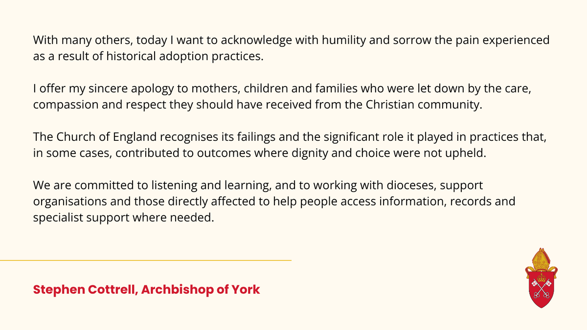 CottrellStephen's tweet photo. The Church of England has today apologised for its historic involvement in mother and baby homes in the post-war decades and for the hurt and trauma caused. 

To read the apology and to access a list of prayers and adoption support services: https://t.co/PAfYvTWkVq https://t.co/BLy9iROnwE
