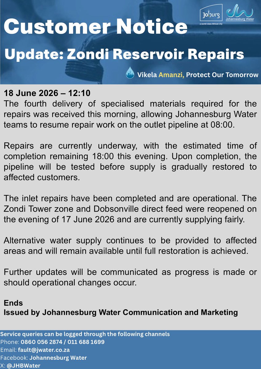 JHBWater's tweet photo. #JoburgUpdates
Update: Zondi Reservoir Repairs https://t.co/YR8b2VQfRG