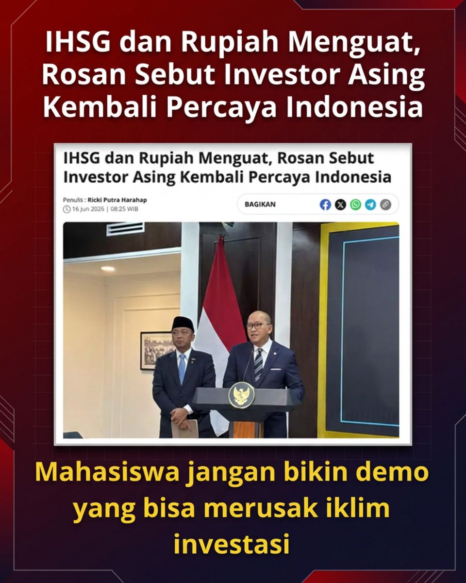 cupcikh's tweet photo. Rupiah menguat, IHSG juga menunjukkan tren positif. Kalau indikator ekonomi makro kita lagi stabil dan membaik, sebenarnya apa agenda utama di balik riuhnya demonstrasi mahasiswa kali ini? 🤔 
#MahasiswaDitunggangi
Demo Untuk Siapa https://t.co/ulZ0j2xsyc