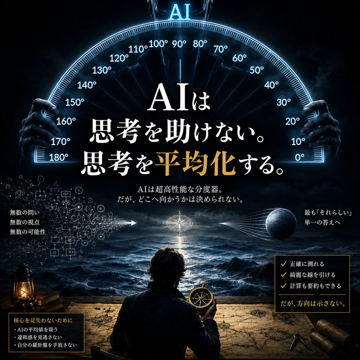 taicho1999's tweet photo. AIは超高性能な分度器だ

AIを「思考を加速させるエンジン」だと思っていたけど
これが大きな勘違いだった

AIは
角度は正確に測れる
線も綺麗に引ける
でも、どこへ向かうべきかは決められない

問題は、その性能が高すぎること

あまりにも自然に答えるから
僕たちは時々勘違いしてしまう

AIが示した方向を
自分で考えた方向だと思い込んでしまう

AIは思考を助けない。思考を平均化する。

#短期連載 #AI #毎日連載 #続きは明日