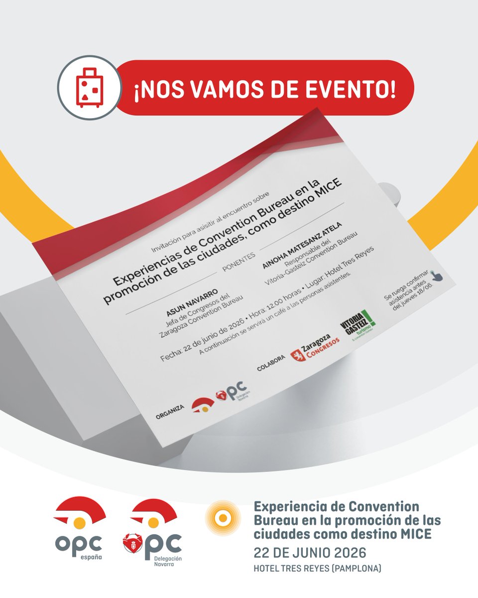 opcspain's tweet photo. 🔴 Los Convention Bureau son imprescindibles para la promoción de los destinos como lugares idóneos para acoger eventos y congresos.

Destacar su papel en el sector es el objetivo del evento que organiza la Delegación en Navarra de OPC España: 'Experiencias de Convention Bureau en la promoción de las ciudades como destino #MICE'
📅: 22 de junio
🕖: 12:00 horas
📍: Hotel Tres Reyes (Pamplona)

Intervendrán Asun Navarro, jefa de Congresos del Zaragoza Congresos Convention Bureau, y Ainhoa Matesanz Atela, responsable del Vitoria-Gasteiz Turismo & Convention Bureau.

Podéis confirmar vuestra asistencia aquí: https://t.co/rjg29p2P6n