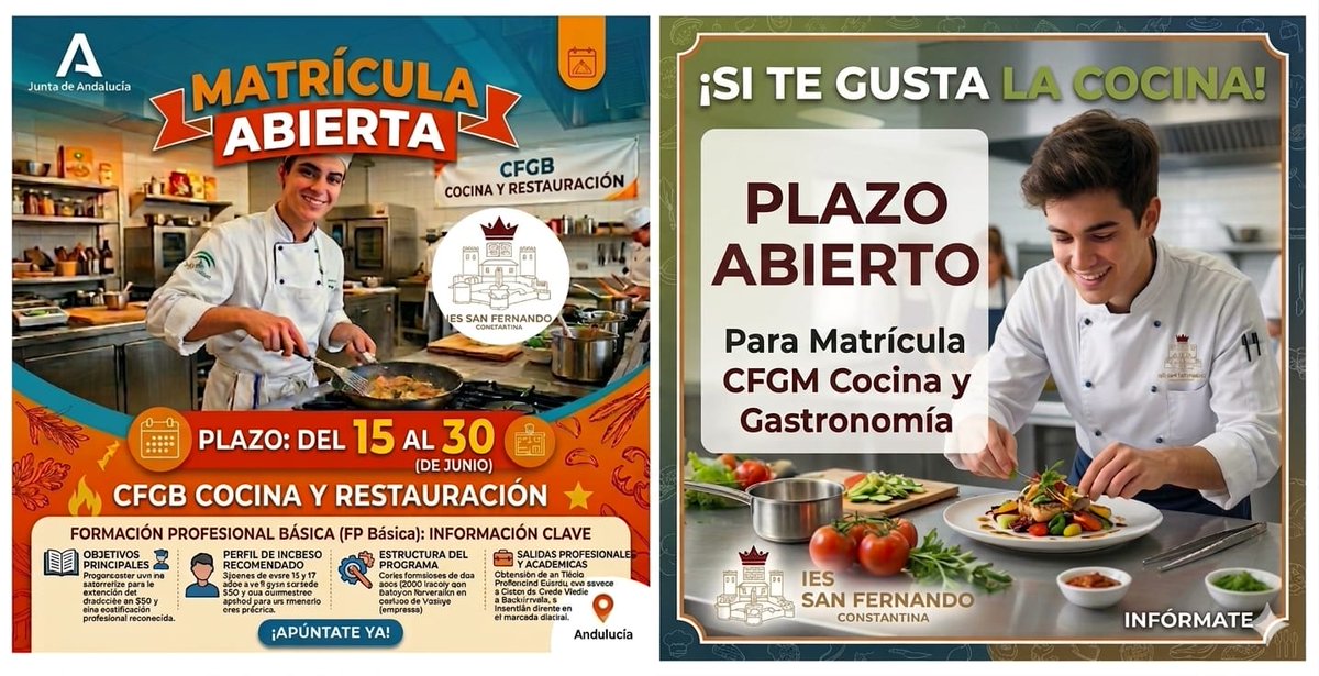 AytoConstantina's tweet photo. 👩🏻‍🎓🧑🏻‍🍳👩🏼‍🍳 #CicloFormativo Grado Básico de "#Cocina y #Restauración" y #CicloFormativo Grado Medio de Cocina y #Gastronomía del I.E.S. San Fernando en #Constantina: MATRICÚLATE YA
📝https://t.co/hOIWOMAJCj
Hasta 30 junio
Más información ☎️955889551
@PuntosVuela Constantina https://t.co/h9hajg3mpe