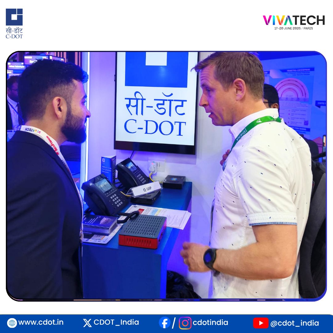 CDOT_India's tweet photo. Ideas. Innovation. Collaboration | Day 2 at #VivaTech2026

As #VivaTech2026 enters Day 2, the focus remains on engaging with the global #innovation ecosystem and showcasing India's technological capabilities on one of the world's most influential technology platforms.

From safeguarding critical infrastructure to enabling next-generation connectivity , @CDOT_India is demonstrating its indigenous innovations including an @ITU CAP-based Early Warning System and @3GPPlive -based #CellBroadcast (#CBS) Solution for emergency communications, #TRINETRA for cybersecurity and digital resilience, Quantum Key Distribution ( #QKD ) for ultra-secure communications, and Indigenous #5G technologies driving the future of connected networks.

Every interaction opens new possibilities. Every conversation sparks new ideas.

If you're at #VivaTech2026 , stop by and meet the team behind India's pioneering #telecom innovations.

📍 Booth: 1F40-010 | 📅 17–20 June 2026

@PMOIndia  @VivaTech  @PIB_India @DoT_India @JM_Scindia @PemmasaniOnX @rkupadhyay

#CDOT #Telecommunications #DigitalIndia #AtmanirbharBharat #MakeInIndia #DeepTech #FutureOfConnectivity #SecureCommunications