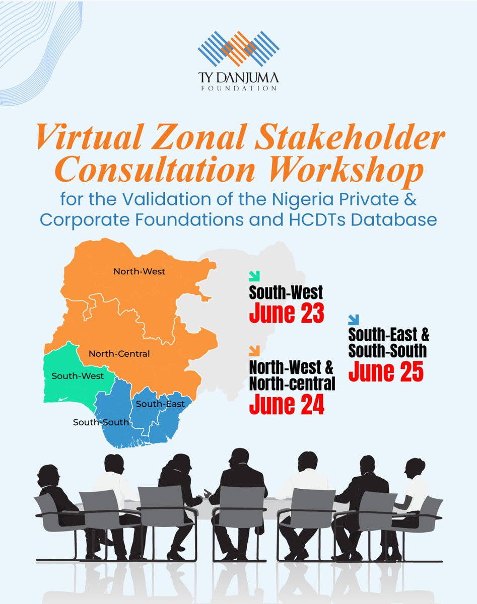nnngo's tweet photo. Dear Nonprofits,

You are invited to validate Nigeria's most comprehensive database of 81 private/corporate foundations and 95 Host Community Development Trusts (HCDTs), developed by the Nigeria Network of NGOs for the @TYDanjumaFoundation

The 𝗩𝗶𝗿𝘁𝘂𝗮𝗹 𝗭𝗼𝗻𝗮𝗹 𝗦𝘁𝗮𝗸𝗲𝗵𝗼𝗹𝗱𝗲𝗿 𝗖𝗼𝗻𝘀𝘂𝗹𝘁𝗮𝘁𝗶𝗼𝗻 𝗪𝗼𝗿𝗸𝘀𝗵𝗼𝗽 is scheduled to hold via Zoom (11 AM – 1 PM):
👉 𝗦𝗼𝘂𝘁𝗵-𝗪𝗲𝘀𝘁: 𝗝𝘂𝗻𝗲 𝟮𝟯
👉 𝗡𝗼𝗿𝘁𝗵-𝗖𝗲𝗻𝘁𝗿𝗮𝗹 & 𝗡𝗼𝗿𝘁𝗵-𝗪𝗲𝘀𝘁: 𝗝𝘂𝗻𝗲 𝟮𝟰
👉 𝗦𝗼𝘂𝘁𝗵-𝗘𝗮𝘀𝘁 & 𝗦𝗼𝘂𝘁𝗵-𝗦𝗼𝘂𝘁𝗵: 𝗝𝘂𝗻𝗲 𝟮𝟱

Register now: https://t.co/oQOF3ueijO

Zoom links will be sent to confirmed participants.

Your input ensures accuracy. 
We look forward to your participation.