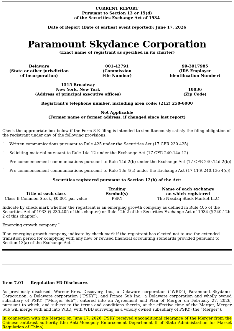 trmnl_data's tweet photo. $PSKY: Triple Unconditional Regulatory Clearance, WBD Merger

• DOJ, China SAMR, and Spain FDI all granted unconditional clearance for PSKY-WBD merger within one week.
• DOJ cleared merger across all three competitive vectors: SVOD, linear TV, and theatrical film distribution.
• Hidden risk: Filing flags explicit deleveraging execution risk on substantial post-merger debt — management targets not guaranteed.