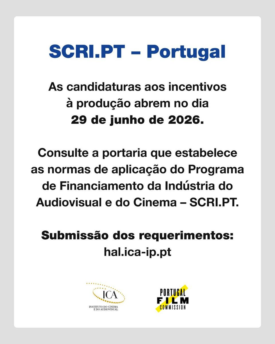 APITelevisao's tweet photo. Foi ontem publicada a Portaria n.º 265-A/2026/1, que aprova o regulamento do Programa de Financiamento à Indústria do Audiovisual e do Cinema – SCRI. PT –, entrando hoje em vigor.
https://t.co/23taX9JCjJ
#APIT #SCRIPT #ICA #audiovisual #independentproducers https://t.co/Q0G7PTqjQK