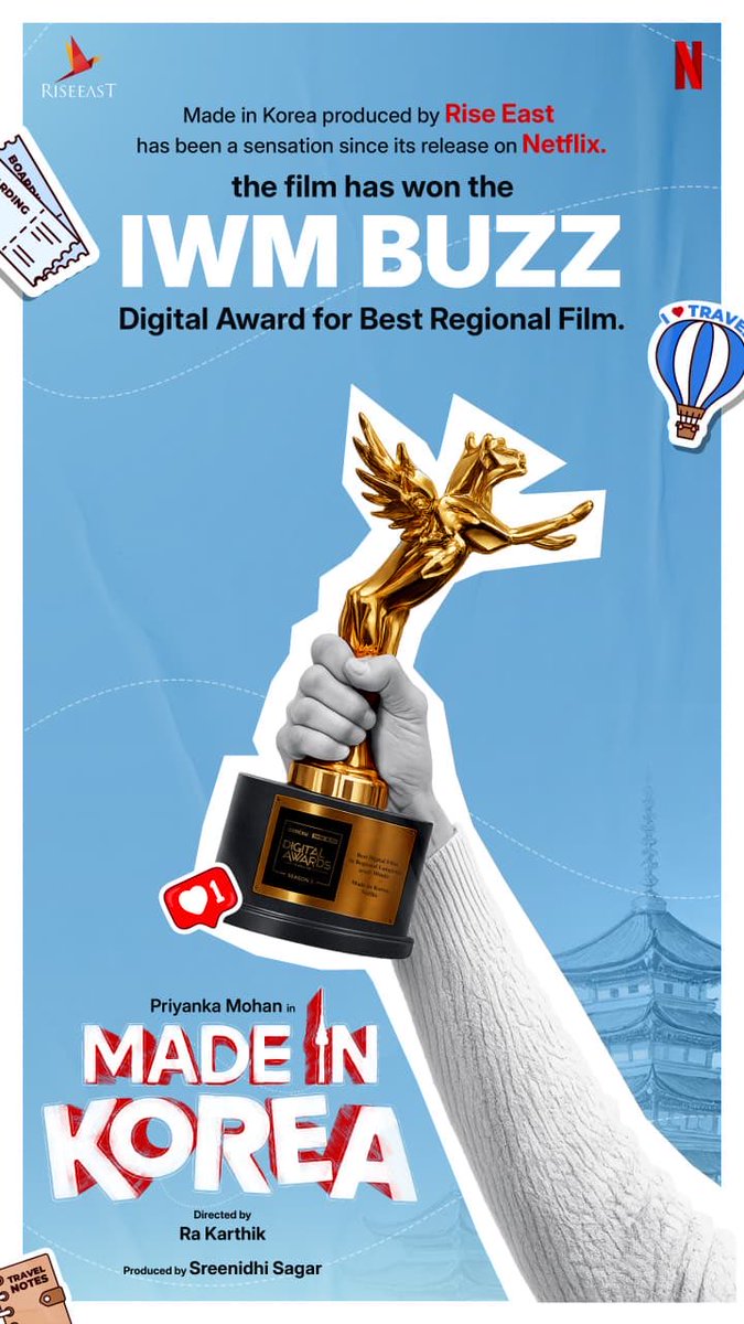 Karthikravivarm's tweet photo. #MadeInKorea adds another milestone to its success story ✨
The @NetflixIndia sensation, starring @priyankaamohan and directed by @Rakarthik_dir, has won the IWM Buzz Digital Award for Best Regional film📽️ https://t.co/0beBvlptY2