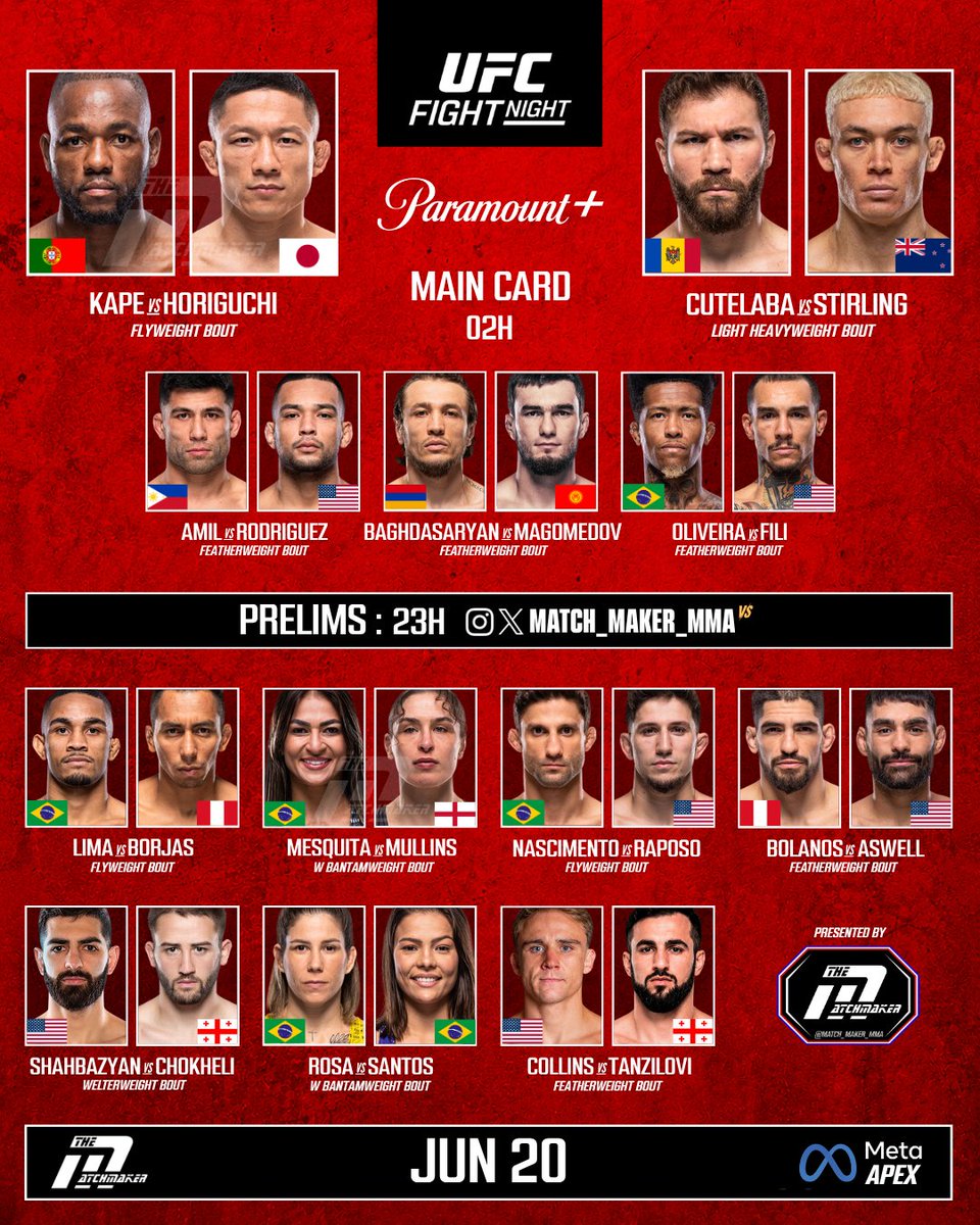 Match_Maker_MMA's tweet photo. 🚨 Mise à jour #UFCVegas119

Changement d'ordre des combats, et de format de la carte de ce samedi : il n'y a plus 6 fights en Main Card mais 5 ⬇️

⏰️ Horaires inchangées 

🗓 20 Juin
📍 Apex, Las Vegas 🇺🇲 https://t.co/JTRcdXNBr7
