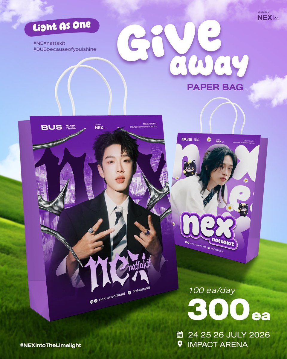 NexStatistics's tweet photo. LIGHT AS ONE CONCERT💜 
#NEXintoTheLimelight

GIVEAWAY #NEXnattakit 
PAPER BAG - 300 ea
( 100 ea/day )

🗓️24 25 26 JULY 2026   
📍IMPACT ARENA

*เฉพาะผู้ที่รีทวิตนี้เท่านั้น โชว์หลังฐานการรีทวิต รับที่สตาฟบริเวณหน้าป้ายใหญ่ ฮอล 5 หรือที่อื่นๆที่สตาฟแจ้งให้ทราบอีกครั้ง

#BUS_LIGHTASONE 
#BUSbecauseofyouishine