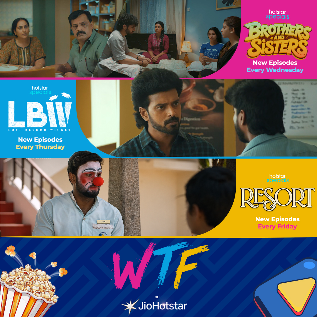 JioHotstartam's tweet photo. Three days. Endless entertainment 🥳

#WTFOnJioHotstar #WednesdayThursdayFriday Watch The Fun

#BrothersAndSisters #LBW #Resort @JioHotstar @JioHotstarTamil

@vijayviruz @thalaiavasalvijay #Vikranth @DirectorBose https://t.co/wExMNxPMiN