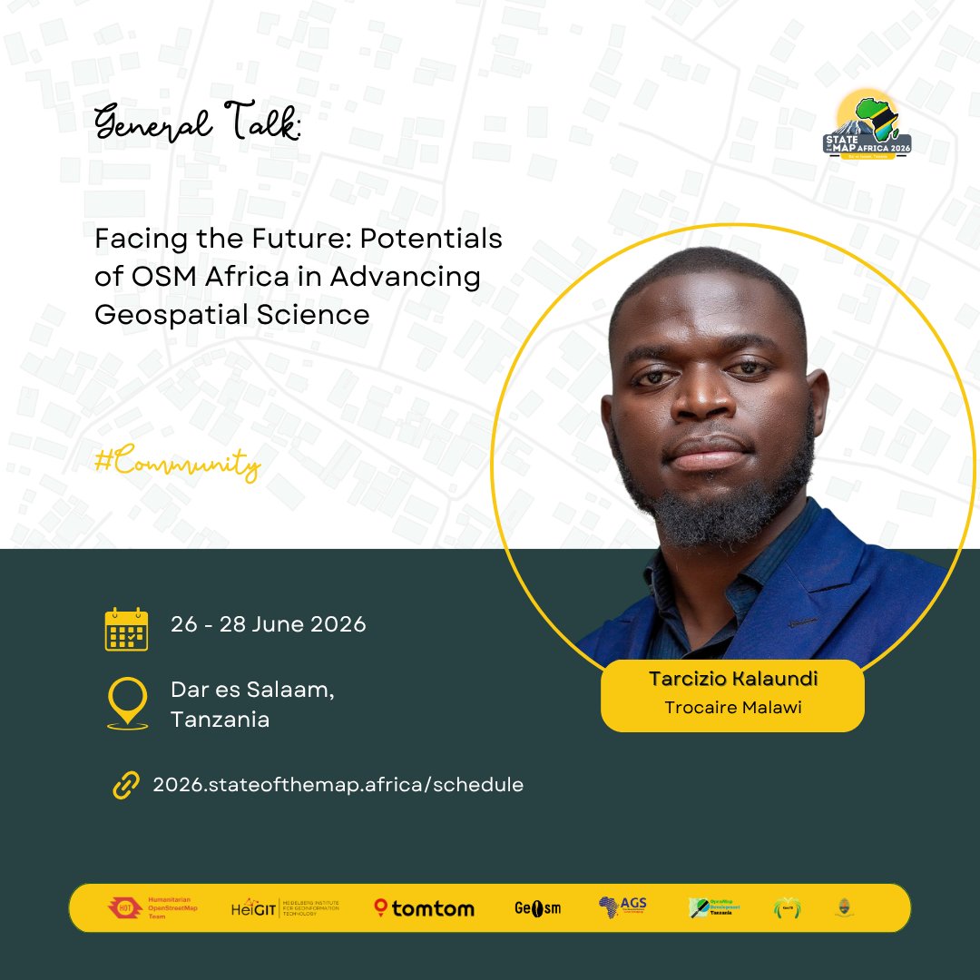 sotmafrica's tweet photo. Future Beats, Mapping Feats! Join @tkalaundi as he explores “Facing the Future: Potentials of OSM Africa in Advancing Geospatial Science.”

Tune in to how Africa’s mapping movement is shaping tomorrow’s...
Read more: https://t.co/cgnjGgZZMC 

#SotMAfrica2026 #SotMAfrica https://t.co/Rfmojo0WrM