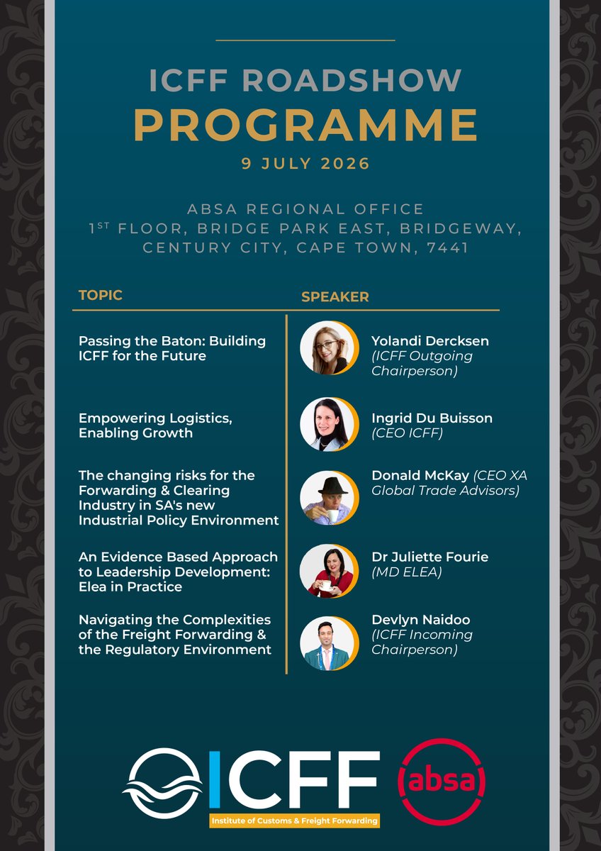 IcffInfo's tweet photo. Cape Town, we’re coming! 🔥

Join us as industry experts unpack the opportunities, challenges, and innovations transforming freight forwarding, customs, and the supply chain.

Proudly sponsored by @AbsaSouthAfrica

#ICFFRoadshow #Logistics #SupplyChain #FreightForwarding https://t.co/9gGIu4n1IL