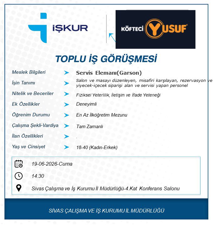 iskursivas's tweet photo. Köfteci Yusuf firması tarafından 4 farklı meslekte gerçekleştirilecek Toplu İş Görüşmesine tüm iş arayanlarımızı bekleriz. 
🗓️19 Haziran 2026
⏰14:30
📍Sivas İŞKUR Hizmet Binası 4. Kat Konferans Salonu
#İŞKURdaİşVar https://t.co/3H0QrmgaUD