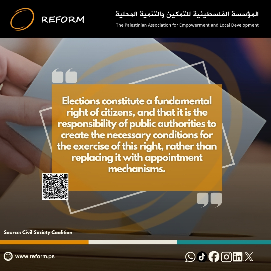 reform_ps's tweet photo. Read this week's analysis: "Civil Society Coalition for Elections Calls for Ending Appointment Practices at Local Level”

English: https://t.co/zfzSOpEXbu

Arabic: https://t.co/y34veIY8Yo

#SaveGaza #ceasefire #REFORM #FreePalestine #WestBank https://t.co/8I8BMm9Dsw