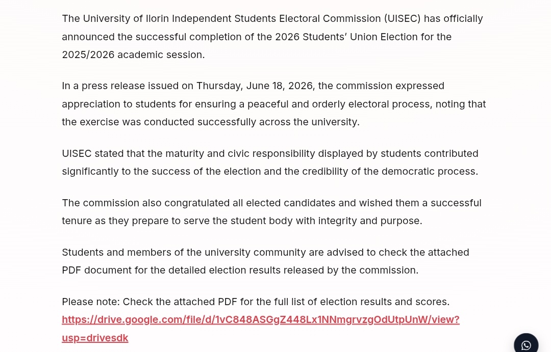 AzeezRidwanOl11's tweet photo. UISEC Declares Winners of 2026 UNILORIN Students’ Union Election

Check the attack PDF bellow for the full of election results 
#pressnight26
#UCJUNILORINPressnight26
#Unilorindecides2026 https://t.co/a3RdLQjoaa