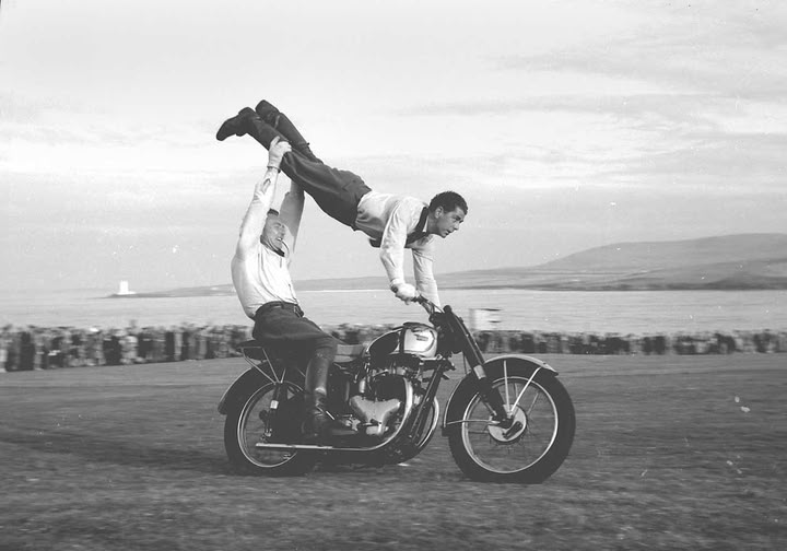 OrkneyLibrary's tweet photo. We have an announcement.

Orkney Library &amp; Archive will be CLOSING at 5pm tonight.

Apologies for any inconvenience.

We hope this archive photograph of 2 men trying to work out the best way to ride a motorcycle helps to make up for any disappointment. https://t.co/Fh25ferlwg