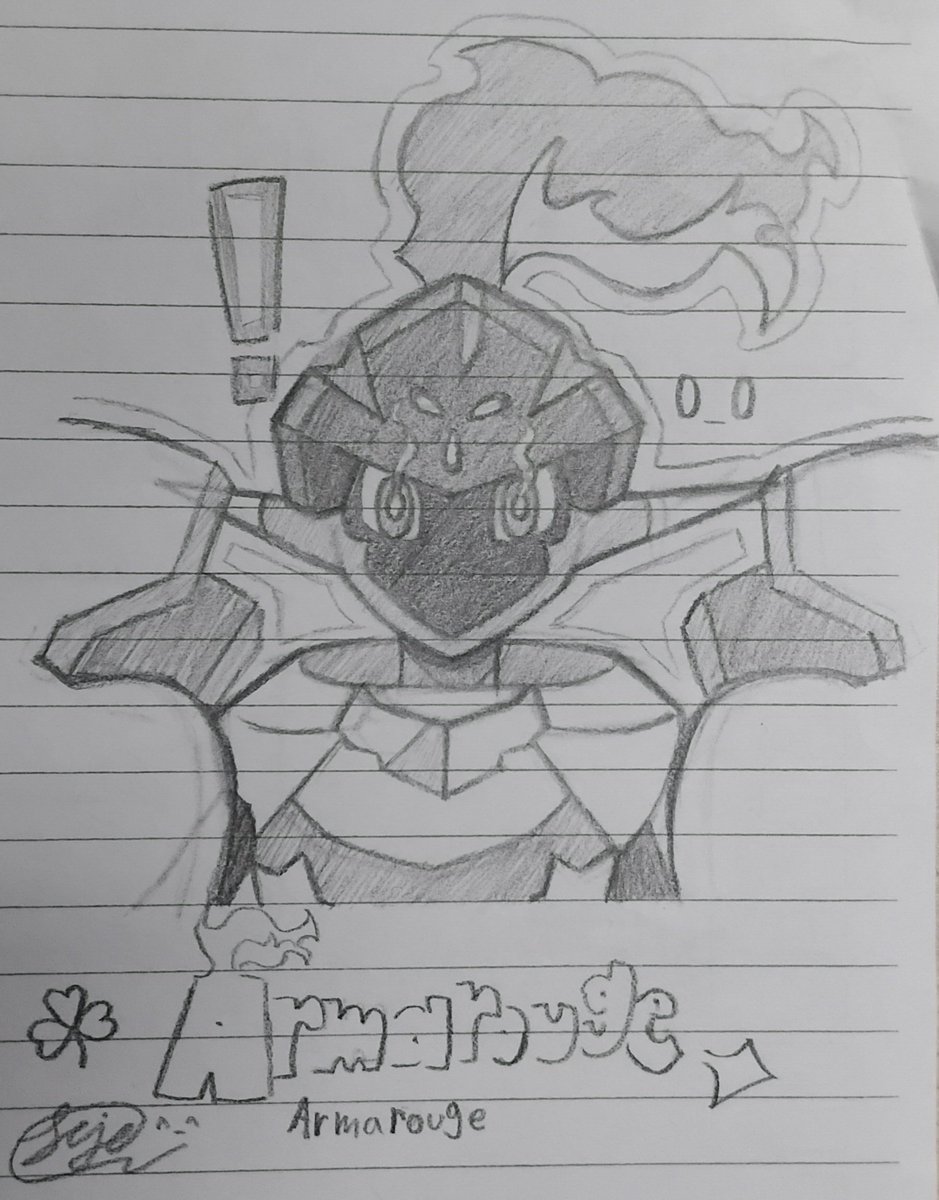 Callme_Jeje2007's tweet photo. Finally feeling like drawing again, 
Armarouge from Pokémon. 
First time (traditional art) and second time (digital art).
#Pokémon https://t.co/3tuChKAxyu