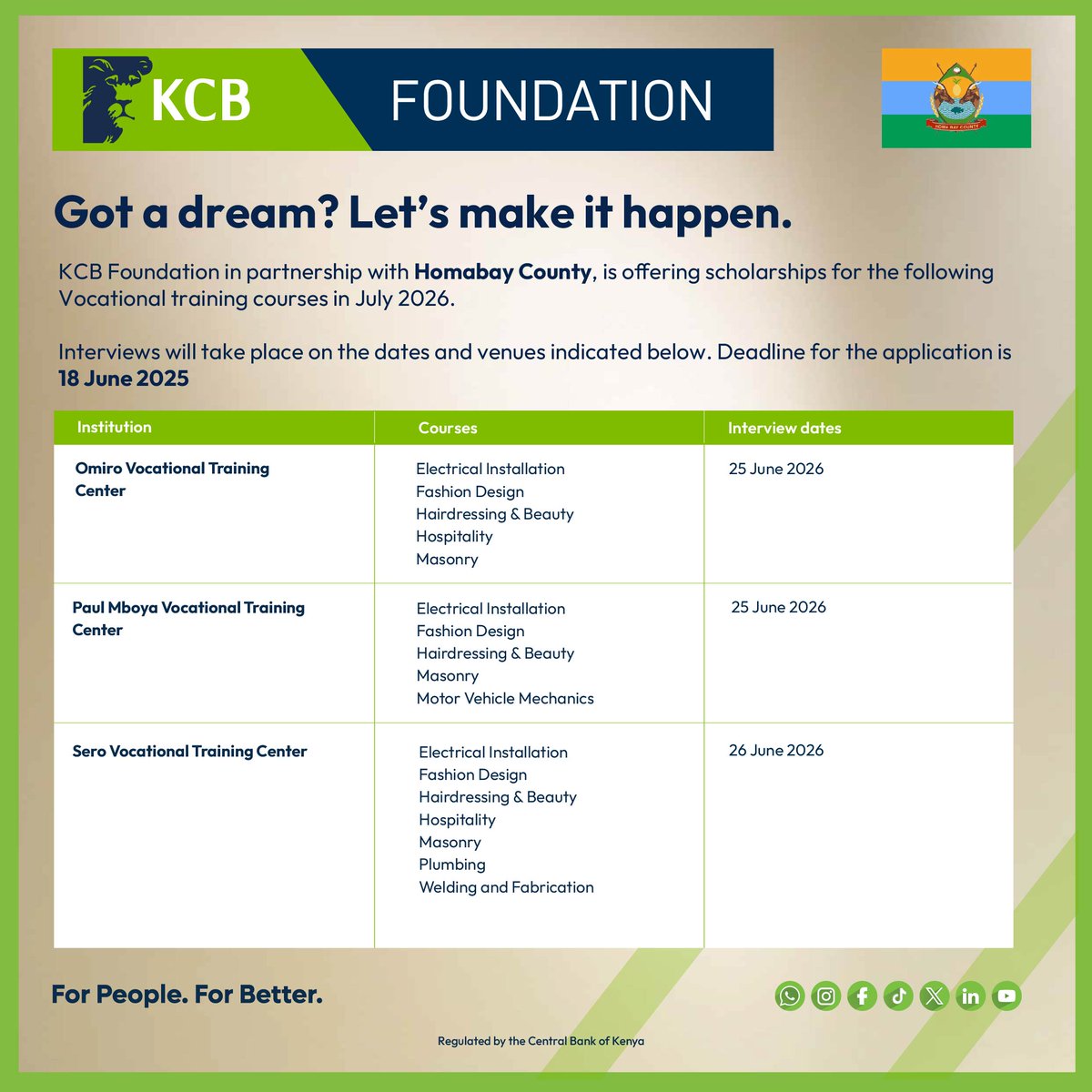 KCBInKenya's tweet photo. Are you in Homabay? The deadline for application is today!
Keep making your submission and book your spot towards upscaling your economic empowerment dreams through skill development and training.
Apply here 👉https://t.co/JwQFY6GNcN
#KCBFoundation #2Jiajiri #ImpactingPeopleForBetter