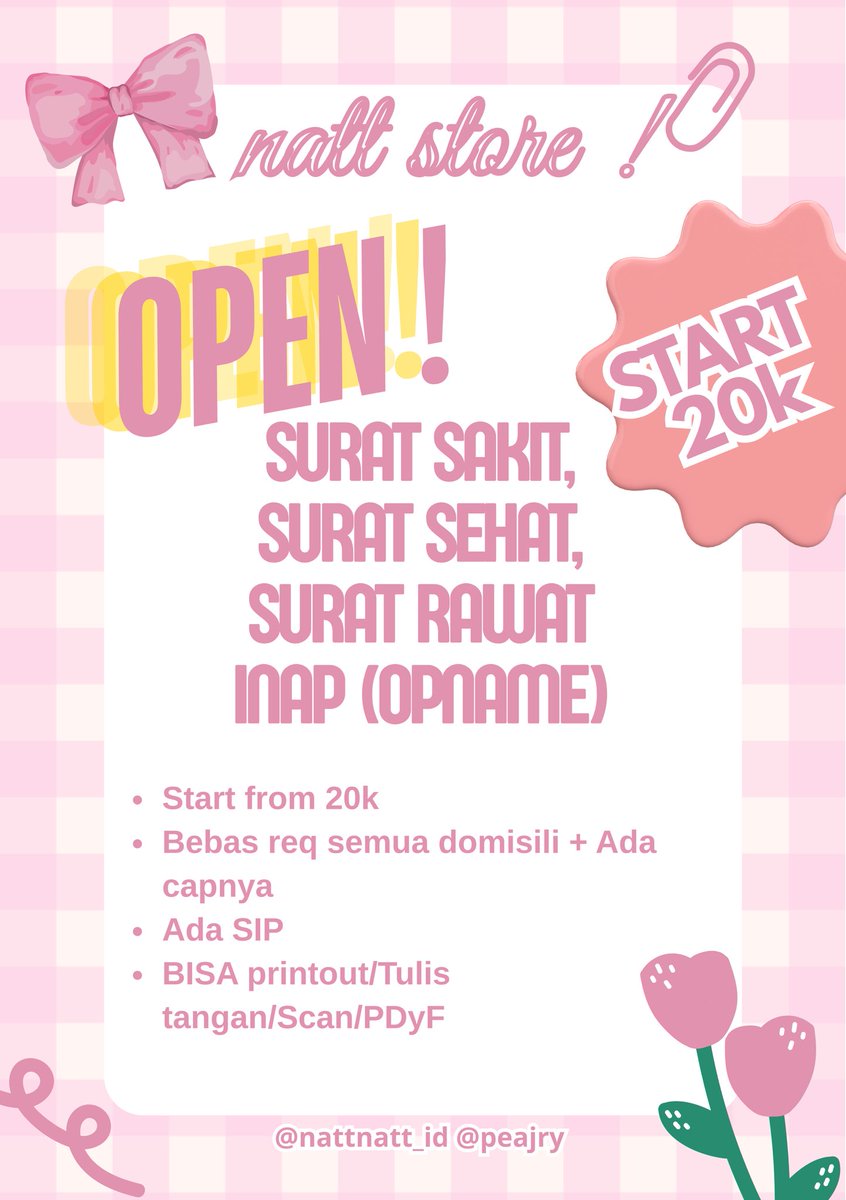 jenldela's tweet photo. @switchgenz 38. Surat sakit/surat sehat/surat rawat inap start 20k an aja bisa semua domisili dan ada capnya, udah handle 500+++ surat dijamin trusted, bisa tulis tangan, printout, atau scan pdf yaw, tanya tanya dan cek contoh silakan WAWA dipinned ya^^ https://t.co/bnX0Hza7ml