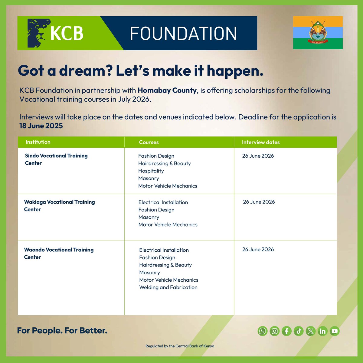 KCBInKenya's tweet photo. Are you in Homabay? The deadline for application is today!
Keep making your submission and book your spot towards upscaling your economic empowerment dreams through skill development and training.
Apply here 👉https://t.co/JwQFY6GNcN
#KCBFoundation #2Jiajiri #ImpactingPeopleForBetter
