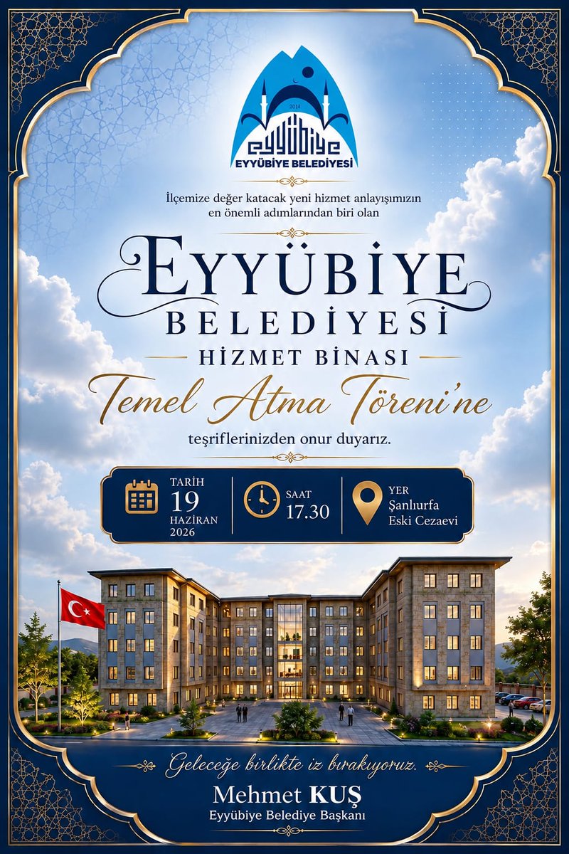 mehmetkusnet's tweet photo. Söz verdik, YAPIYORUZ!

Eyyübiye’mizde tarihi değişimi birlikte başlatıyor, yeni hizmet binamızın temellerini yine hep birlikte atıyoruz.

İlçemize değer katacak bu önemli törene tüm hemşerilerimiz davetlidir.

🗓️ 19 Haziran 2026 Cuma
🕢 17:30
📍 Eski Cezaevi Yeri https://t.co/FmVSZEyrvL
