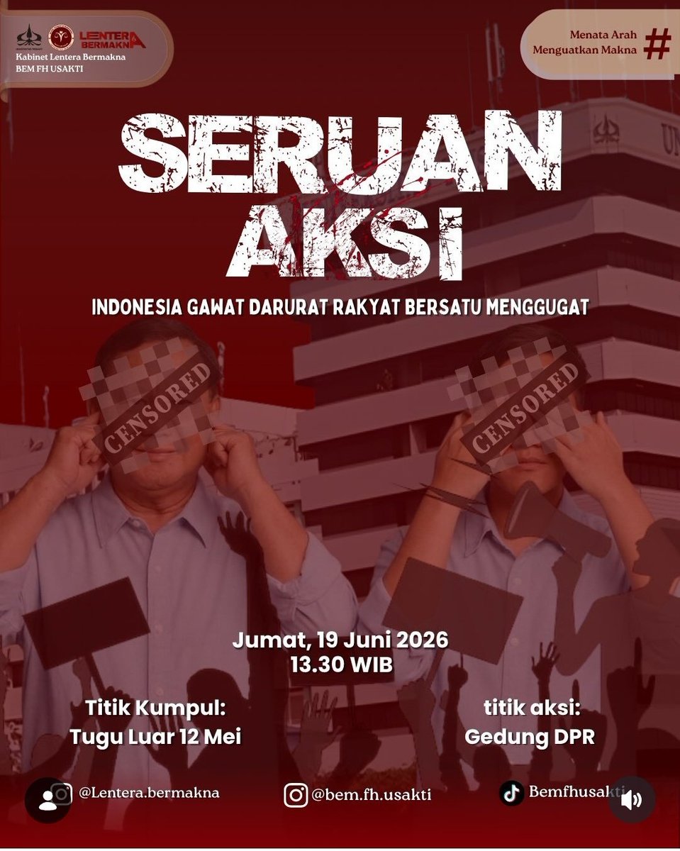 yaniarsim's tweet photo. Aksi Demo
Besok
Jumat 19 Juni 2026
Gedung @DPR_RI

Trisakti @FHUsaktiYeah https://t.co/sObfCBoB3h