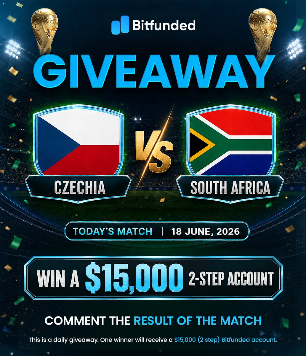 bitfunded's tweet photo. 🚨 WORLD CUP GIVEAWAY ALERT! 🚨

We are back with another daily giveaway! ⚽🔥

🇨🇿 Czechia vs South Africa 🇿🇦
📅 June 18, 2026

Predict the EXACT score and win a FREE $15,000 Bitfunded 2-Step Account! 🏆💰

To enter:

👉 Comment your prediction below

1 winner will be randomly selected from all correct predictions after the match. Good luck! 🎯