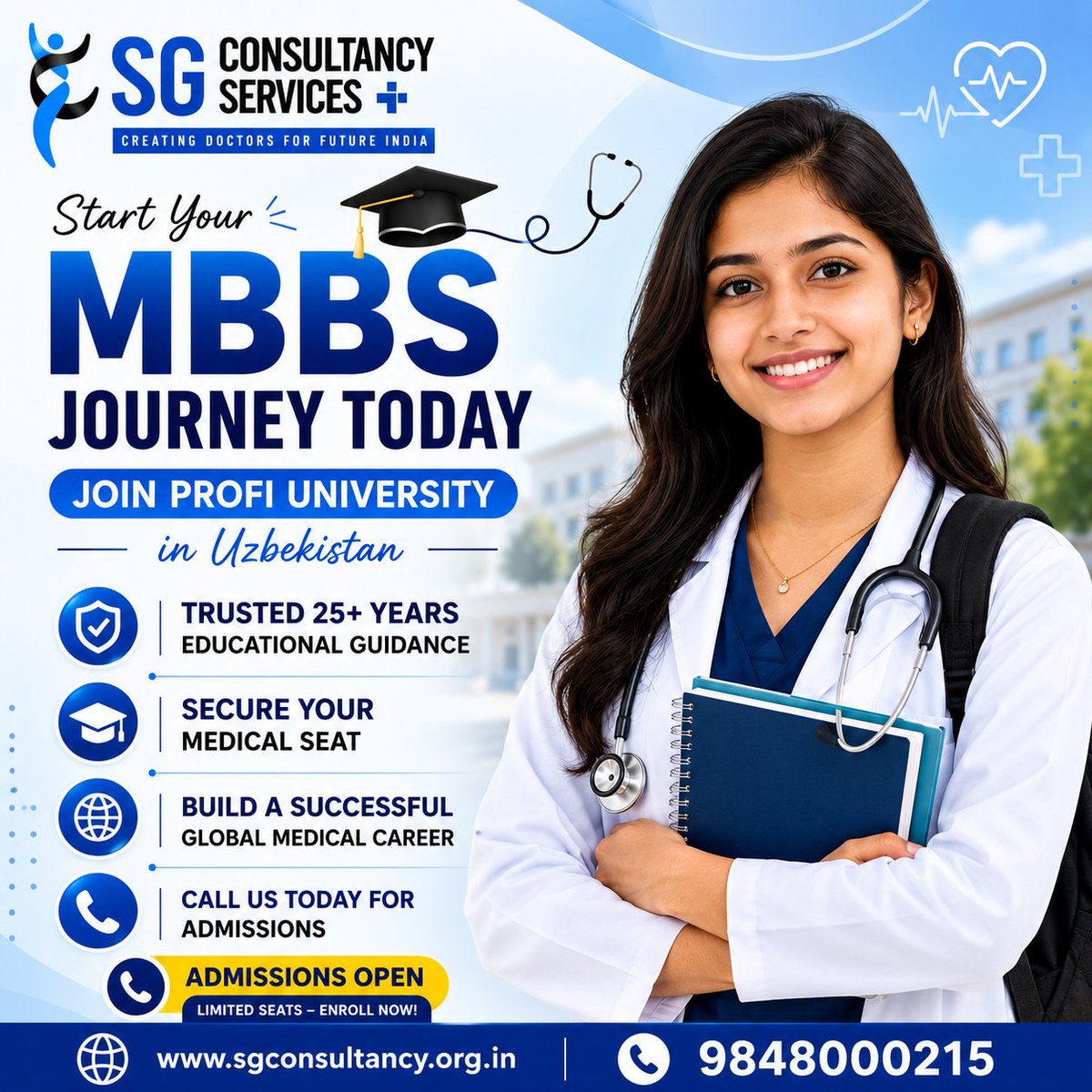 SGconsultancyit's tweet photo. 🩺 Your Doctor Dream Starts Here!

Study MBBS in Uzbekistan
Explore top medical universities like Profi University

📞 9848000215
🌐 https://t.co/BdbRK73uD7

#MBBSAbroad #MBBSinUzbekistan #NEET2026 #FutureDoctor #StudyAbroad #SGConsultancy https://t.co/89F8LF61Hk