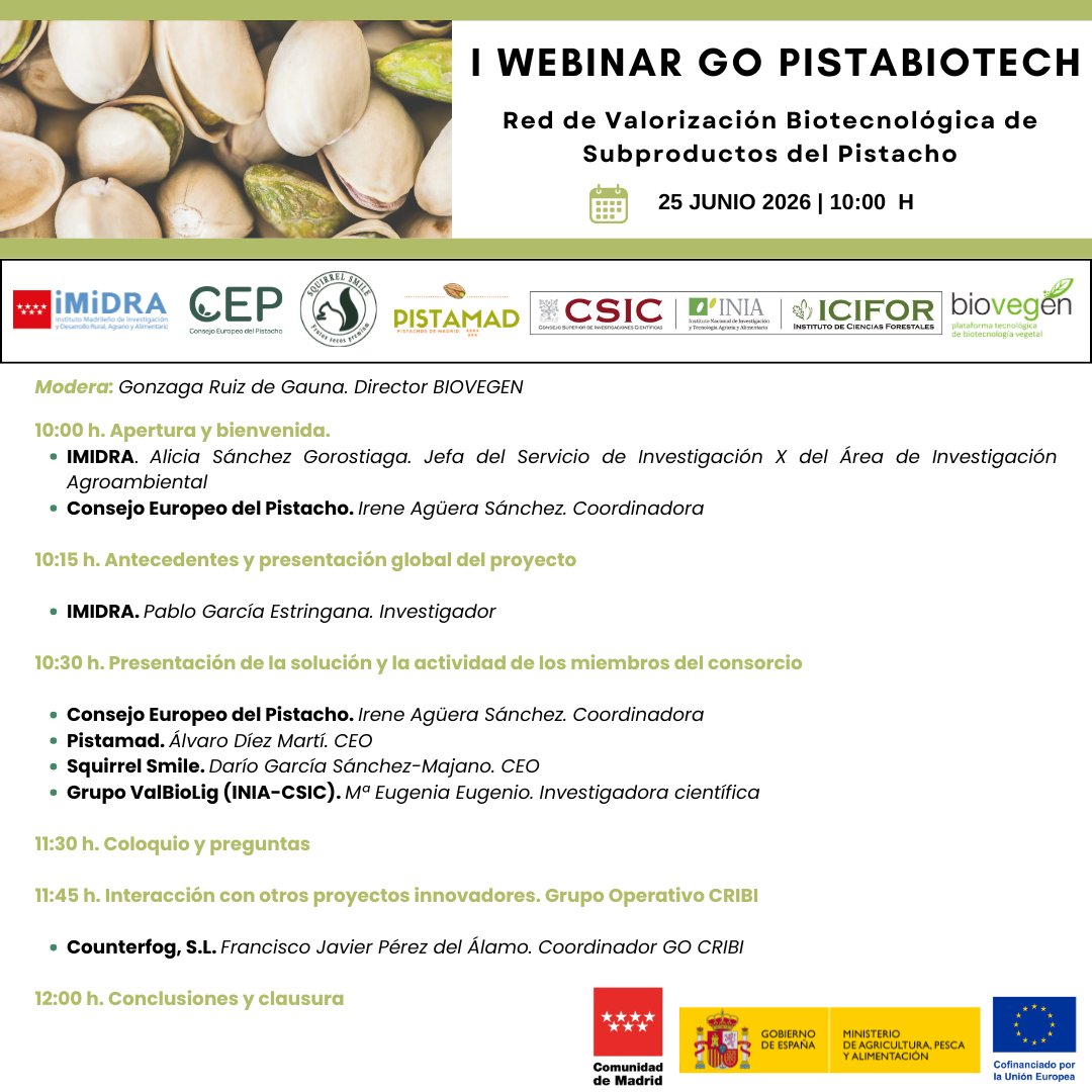 gopistabiotech's tweet photo. ¡Queda una semana!
No te pierdas el I WEBINAR #GOPISTABIOTECH: red de valorización biotecnológica de subproductos del pistacho

📆25 de junio de 2026  
⏰10:00 horas  

🔗¡Inscríbete! https://t.co/UwnBBfhkG6 https://t.co/rS5Y5e6ITZ