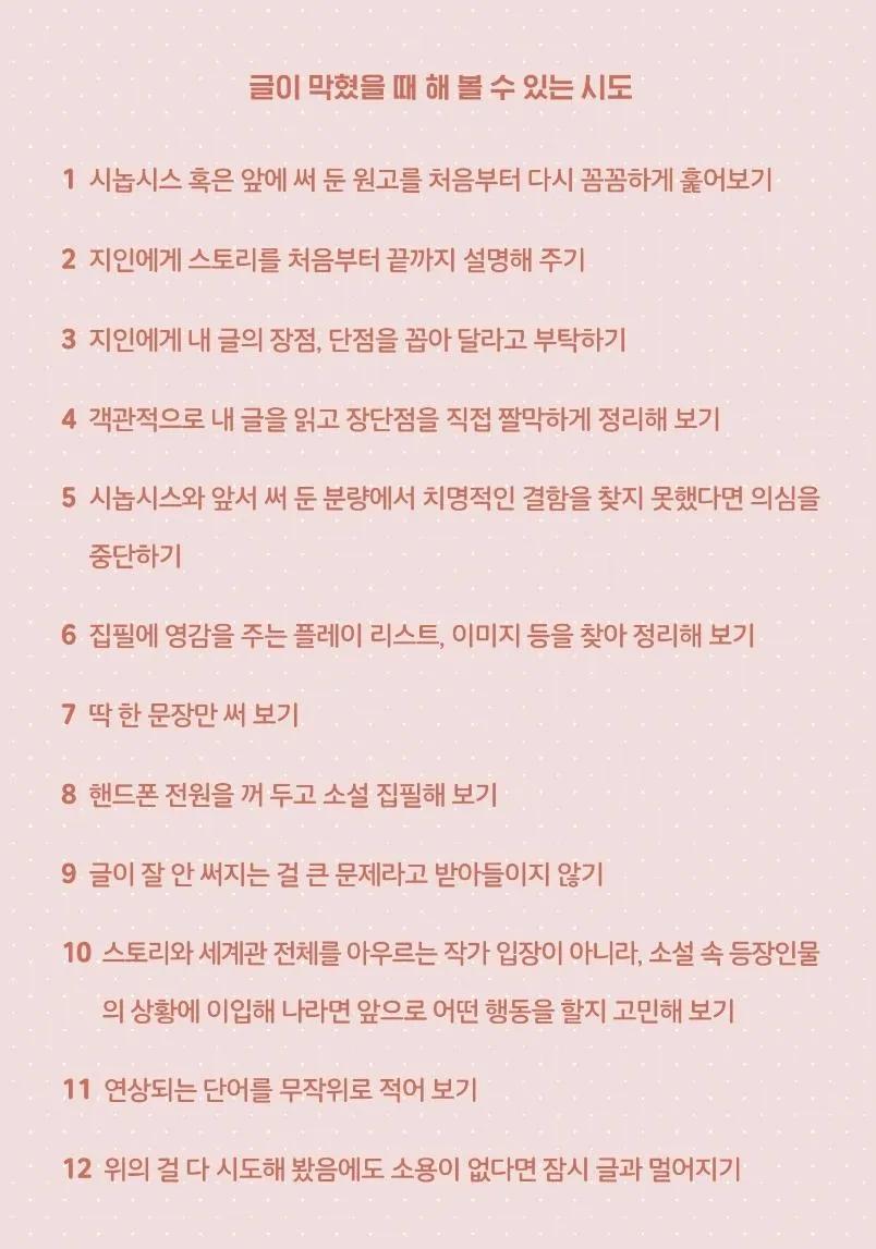 yulliuiread's tweet photo. 글이 막혔을 때 해 볼 수 있는 시도 

1. 시놉시스 혹은 앞에 써 둔 원고를 처음부터 다시 꼼꼼하게 훑어보기
2. 지인에게 스토리를 처음부터 끝까지 설명해 주기
3. 지인에게 내 글의 장점, 단점을 꼽아 달라고 부탁하기
4. 객관적으로 내 글을 읽고 장단점을 직접 짤막하게 정리해 보기
5. 시놉시스와 앞서 써 둔 분량에서 치명적인 결함을 찾지 못했다면 의심을 중단하기
6. 집필에 영감을 주는 플레이 리스트, 이미지 등을 찾아 정리해 보기
7. 딱 한 문장만 써 보기
8. 핸드폰 전원을 꺼 두고 소설 집필해 보기
9. 글이 잘 안 써지는 걸 큰 문제라고 받아들이지 않기
10. 스토리와 세계관 전체를 아우르는 작가 입장이 아니라, 소설 속 등장인물의 상황에 이입해 나라면 앞으로 어떤 행동을 할지 고민해 보기
11. 연상되는 단어를 무작위로 적어 보기
12. 위의 걸 다 시도해 봤음에도 소용이 없다면 잠시 글과 멀어지기

- <웹소설의 모든 것> (설봉 외 지음)