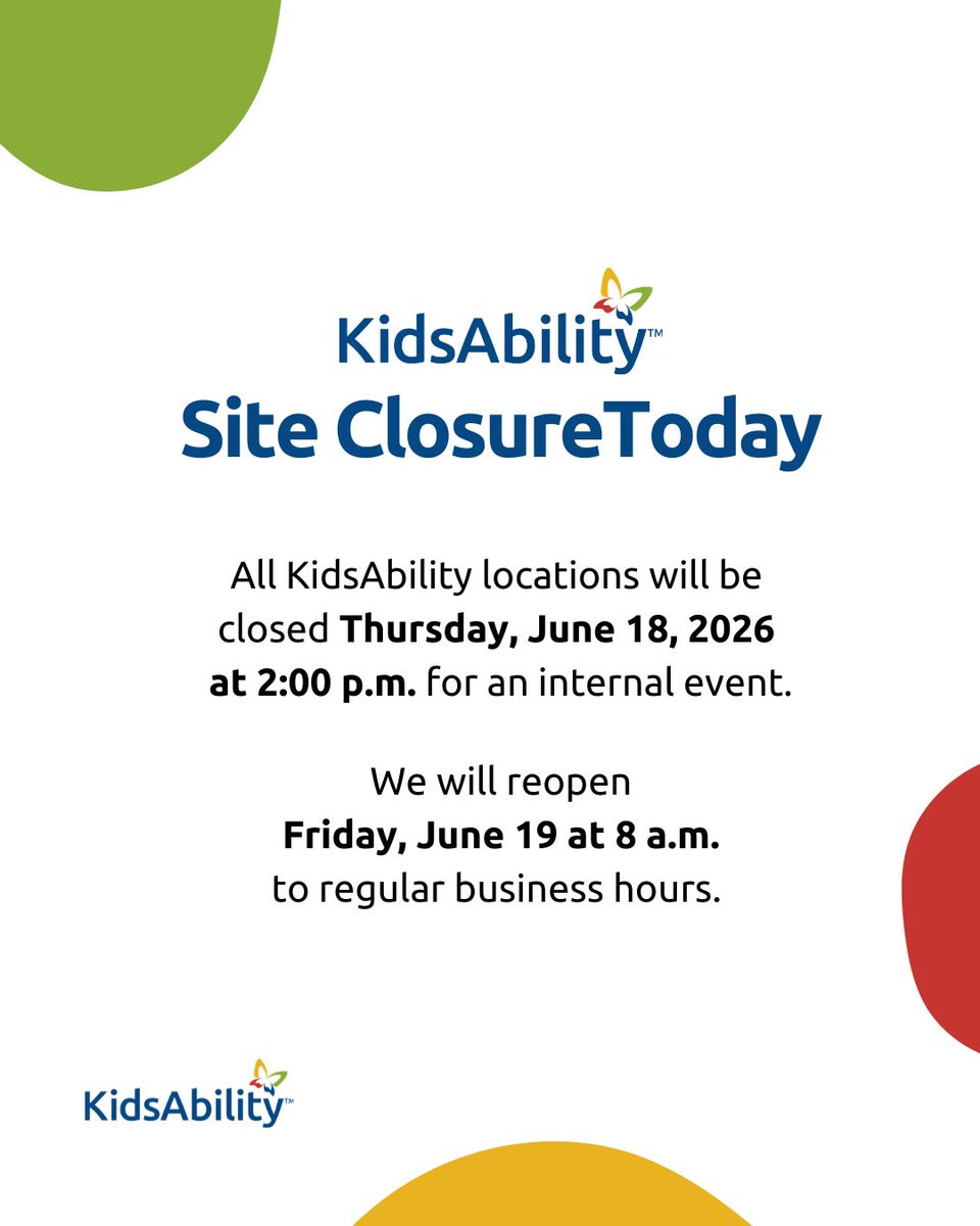 KidsAbility's tweet photo. All KidsAbility sites will be closed on Thursday, June 18, 2026 from 2:00 p.m. onward for KidsAbility’s Employee Summer Celebration. 
 
We will reopen Friday, June 19 at 8:00 a.m. If you have an urgent issue during our closure, please email urgent@kidsability.ca. https://t.co/2Yx2ypsPEj