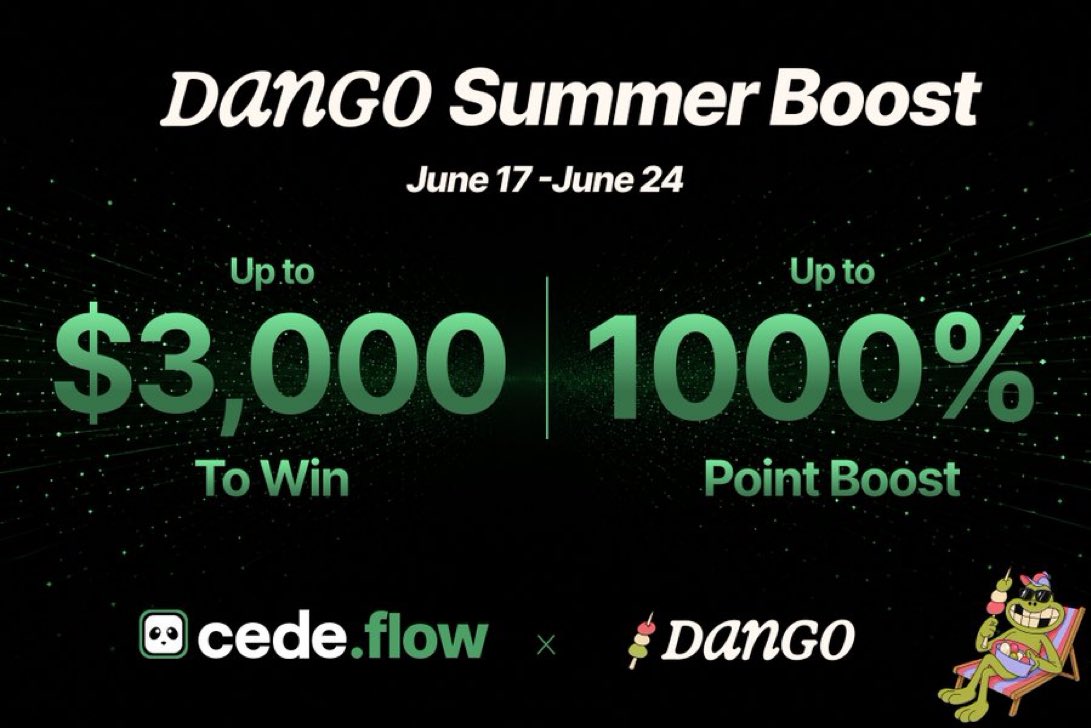 dango's tweet photo. 1000% points boost.

Read that again.

The Dango Summer Boost is live on @cedeflow. 

🏆 Up to $3,000 in rewards
🍡 Boosts scale with volume

Ends June 24. https://t.co/MfjZNKZst0