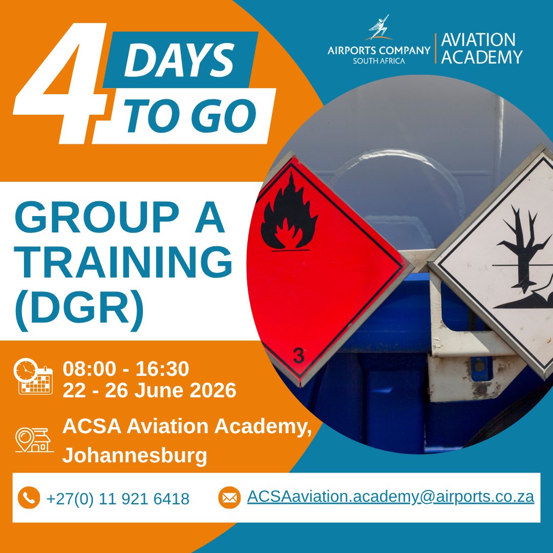 bramfischerint's tweet photo. ⏳4 DAYS TO GO!
Join the Dangerous Goods Regulations Group-A Training at ACSA Aviation Academy, Johannesburg from 22–26 June 2026.
✈️Unlock Africa’s aviation potential
🛡️ Elevate safety standards
🤝 Build stronger networks
📦 Champion safe air transport of dangerous goods
#ACSA https://t.co/KvWYU6xeSi