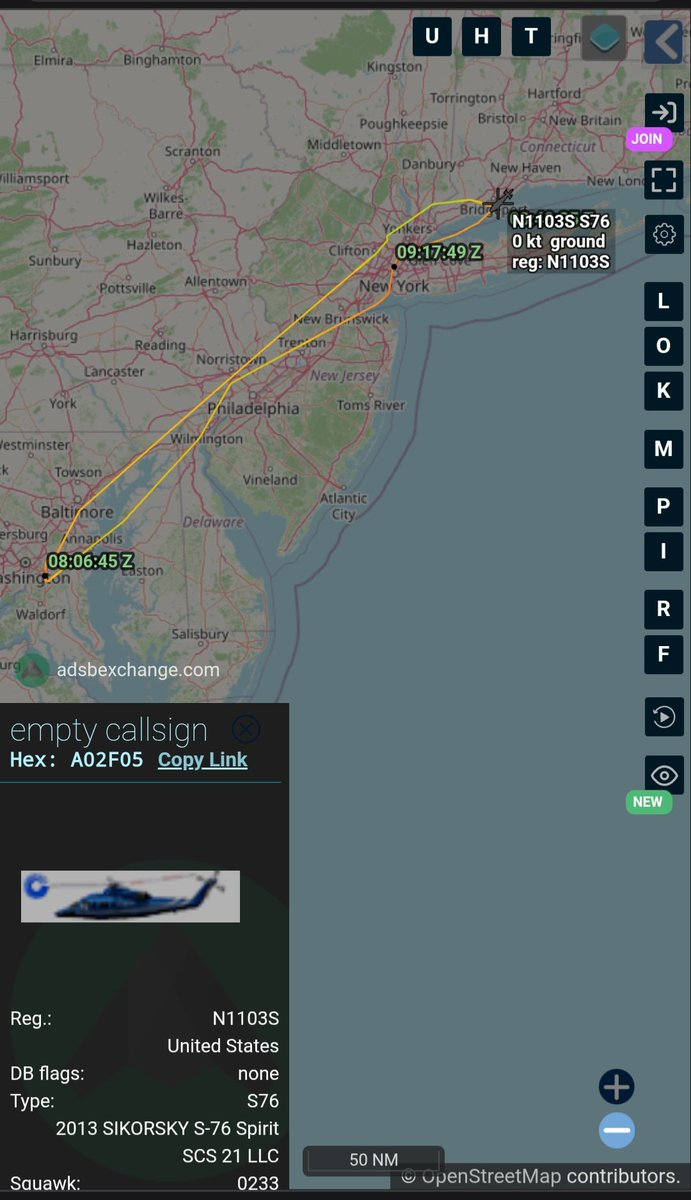 After arriving at KJRA, the S-76 N1103S #A02F05 flew to KBDR