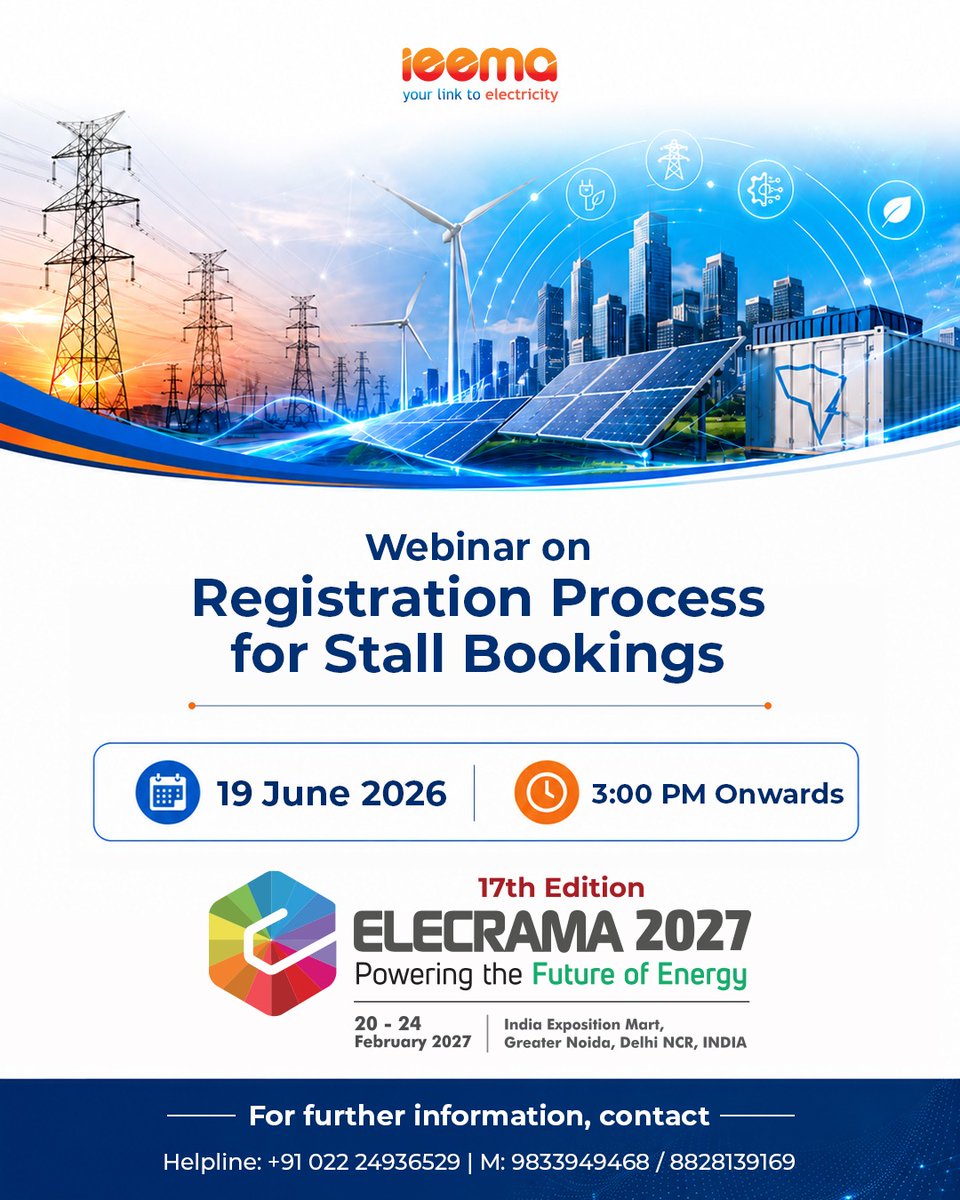 ElecramaLive's tweet photo. Join our webinar for information on the registration process for stall booking of ELECRAMA 2027 and gain insights to help you navigate the next steps.

Join ➡️ https://t.co/aeKV2QwaIv

@vikramgandotra1 @sidbhutoria @harteksingh @shashiamin5 @charumathur14

#IEEMA #Elecrama2027 #PowerSector