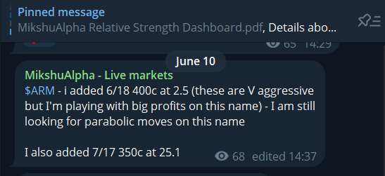 MikshuAlpha's tweet photo. I’ve barely posted my best work on X recently.

Most of it has been going into Telegram.

Over the past couple of weeks I’ve been posting live notes, trade ideas, entries, trims, risk levels and explanations across $ARM, $HOOD, $MRVL, $RXT, $AMZN and $SPX.

A few examples:

$ARM is a full campaign, not one lucky contract.

400c: 2.50 → 42.85
370c: 10.00 → 57.98
380c: 1.75 → 6.00
480c: 7.02 → 12 (fully free optionality)

$RXT 7c: 0.33 → trims at 1.03 / 1.07 / 1.26 and now riding free optionality

$MRVL was mapped through gamma/vanna before the move.

$HOOD profits were rolled into further upside exposure.

$AMZN got wiped out and cut.

That last one matters.

Because this is not a “copy my trades and pray” room.

I post what I’m seeing, why I’m seeing it, how I’m structuring risk, where the trade is wrong, when I’m trimming, when I’m rolling, and when I’m reducing exposure.

The real edge is not the screenshot after the move.

It is understanding the conditions before the move:

* relative strength
* compression
* options flow
* gamma/vanna structure
* IV behaviour
* key pivots
* invalidation
* sizing

Some trades pay.

Some fail.

The job is to trade a process, not a dopamine spike.

Link in my bio for access. £20/month or £100 for 6 months with proceeds going to Cancer Research UK. 

Educational only. No blind following. Options are not forgiving if you don’t understand your risk.