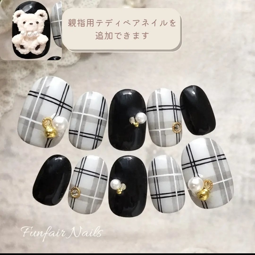 funfairnails's tweet photo. MAX30%OFFセール開催中✨
完成済みネイルチップのため2〜3日でクリックポストにて発送します🕊️

セール対象デザイン　
☕クラシカルカフェチェック
どちらのカラーも親指用の立体テディベアネイル付きで20%OFF✨(¥5840)

SHOP
https://t.co/69YeYjKcac https://t.co/NsZFup6psF