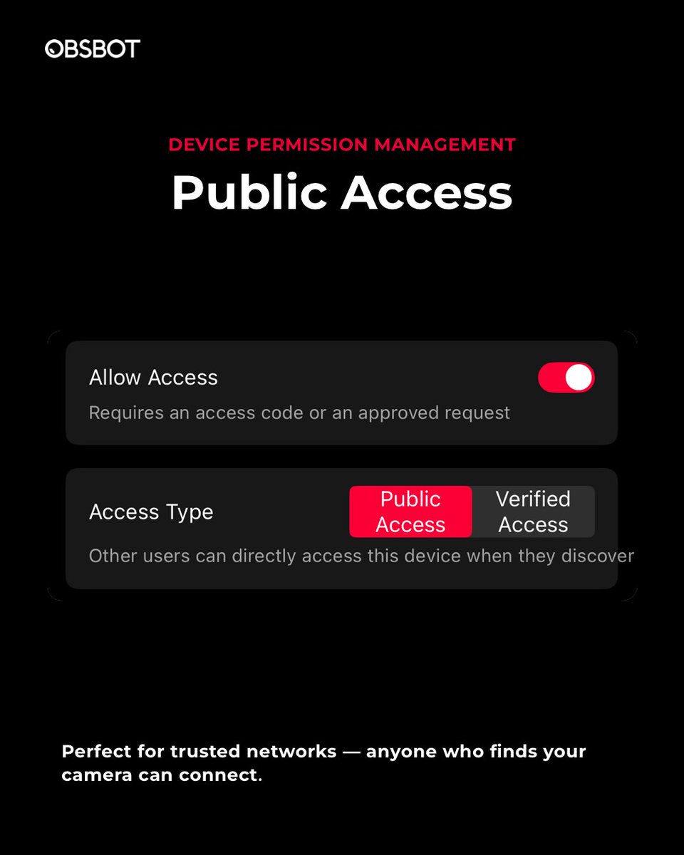 OBSBOT_Official's tweet photo. Device Permission Management is now available on OBSBOT Tail series
Control who can access your camera:
• Public Access
• Verified Access (code or approval)
• Reject Access (full block)
Simple. Flexible. Fully in your control.
Learn more:https://t.co/HvXMPYVvn7
#OBSBOT #OBSBOT_Tail2 #OBSBOT_TailAir #StreamingSetup #LiveStreaming