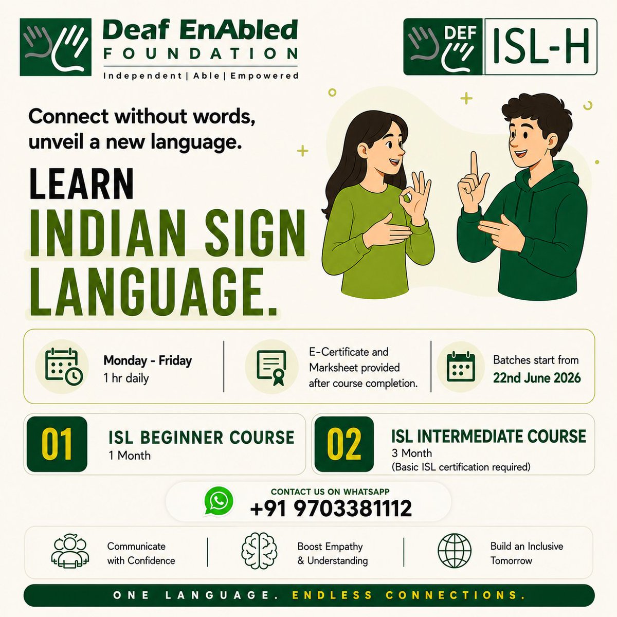 deafenabled's tweet photo. Let's build a society where generalising  sign language communication is no longer a privilege but an honour to Indian deaf culture. Be a partner in this mission and join our classes to become a deaf enabler! +919703381112

#india #skills #indiansignlanguage #studentsuccess https://t.co/2PV82PuiNN