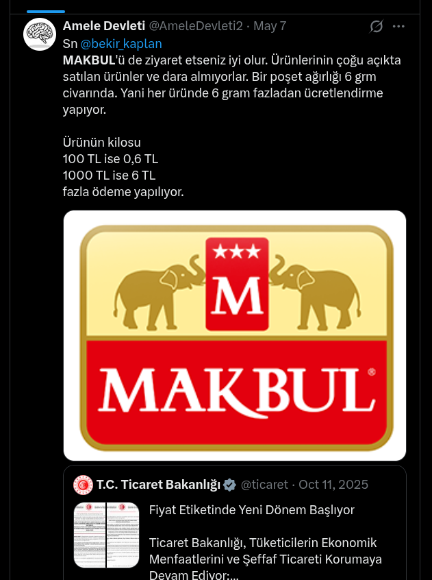 AmeleDevleti2's tweet photo. @bekir_kaplan Sn Bekir Kaplan vatandaşı korumak için sahada olduğunu iddia ediyor ama Makbul gibi mağazaların vatandaşı kazıklamasına bilerek göz yumuyor.

Makbul'den alışveriş yapan herkes %0,6 oranında kazıklanıyor ama @bekir_kaplan buna sessiz kalmakta ısrar ediyor.

Makbul dara almıyor! https://t.co/mA5CErdttD
