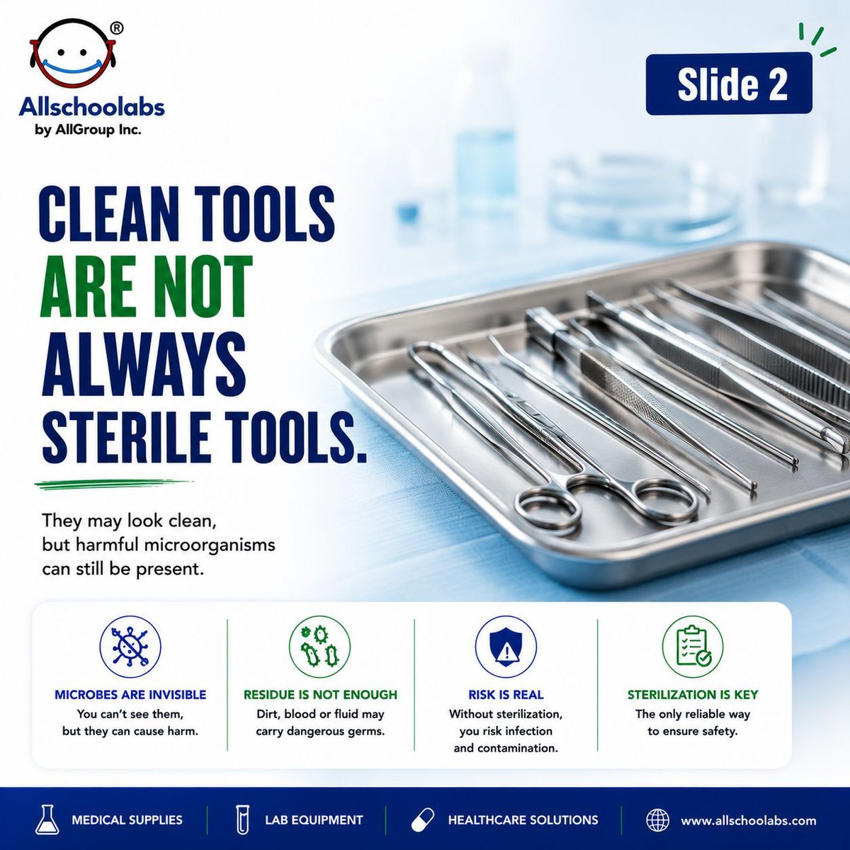 Allschoolab's tweet photo. Clean tools are not always sterile tools. Proper sterilization helps protect patients, staff, samples and results. ALLSCHOOLABS supplies medical and laboratory equipment for clinics, hospitals, labs and pharmacies. Contact us today. #ALLSCHOOLABS #LabEquipment https://t.co/c2wsxtN1iQ