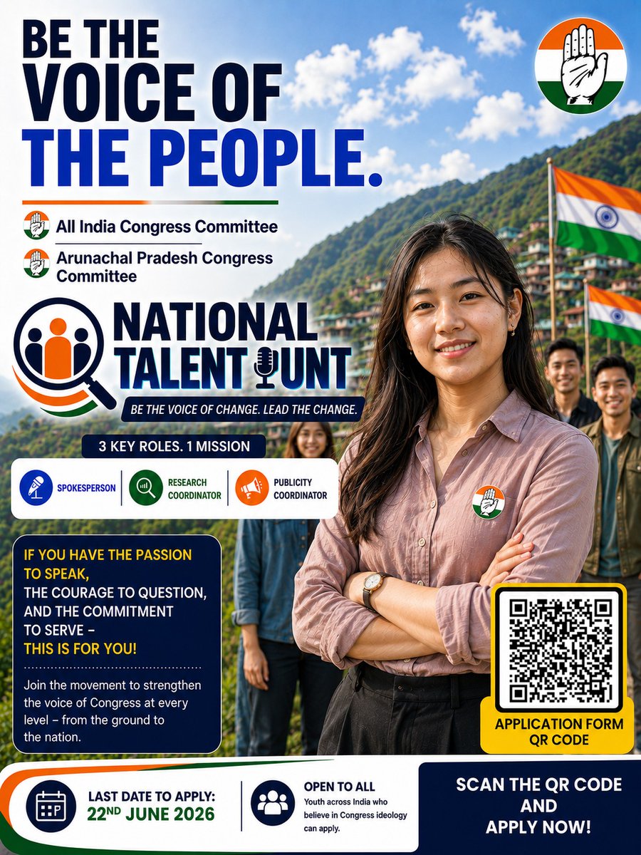 RunashreeSaikia's tweet photo. The Indian National Congress has launched a Talent Hunt Program in Arunachal Pradesh, Manipur &amp; Nagaland.

Applications are invited for the following roles:

- Spokesperson
- Research Coordinator
- Publicity Coordinator

Form link (English):
https://t.co/LqNi6226B7 https://t.co/qo8yGMCVFE