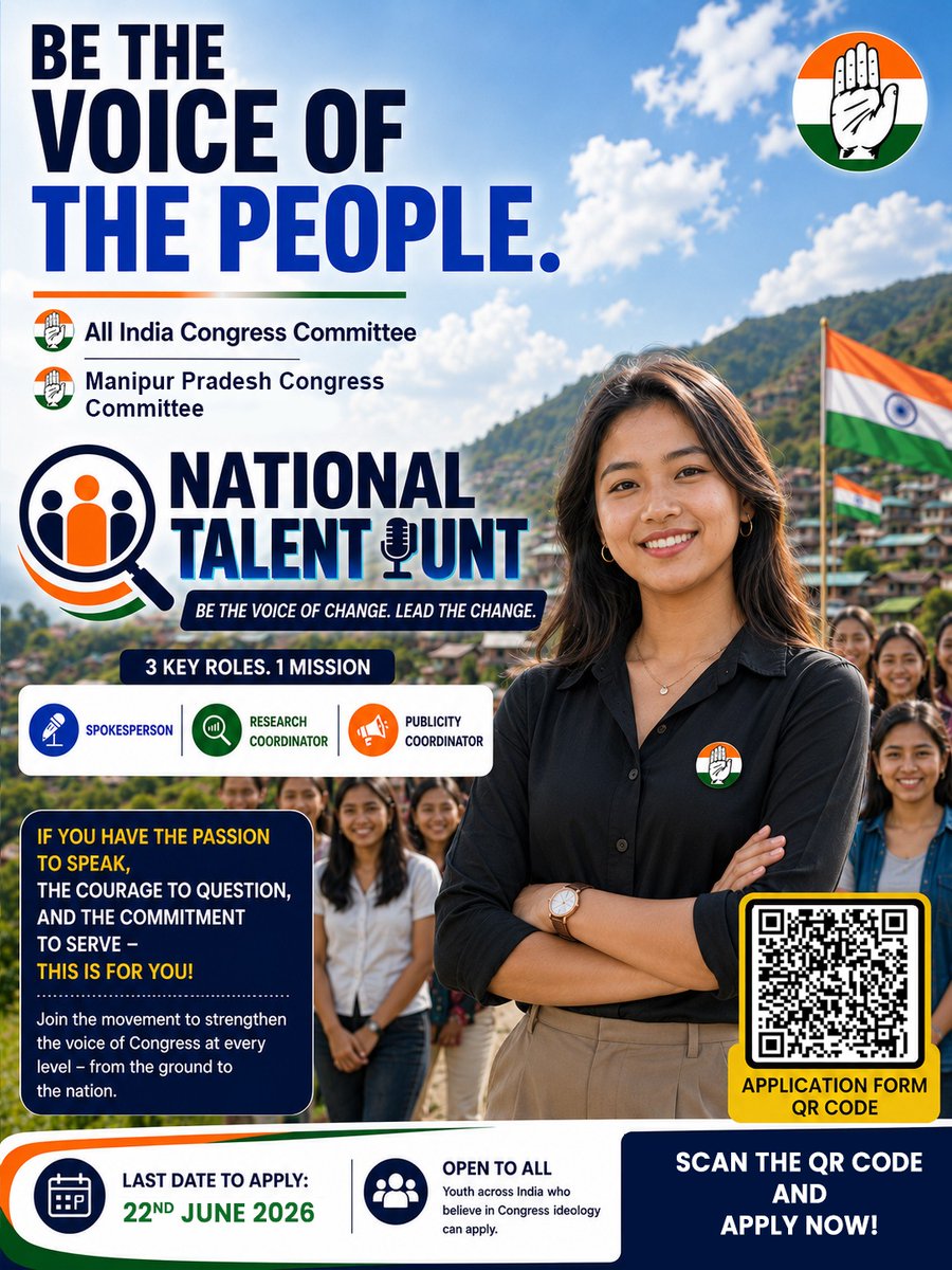 RunashreeSaikia's tweet photo. The Indian National Congress has launched a Talent Hunt Program in Arunachal Pradesh, Manipur &amp; Nagaland.

Applications are invited for the following roles:

- Spokesperson
- Research Coordinator
- Publicity Coordinator

Form link (English):
https://t.co/LqNi6226B7 https://t.co/qo8yGMCVFE