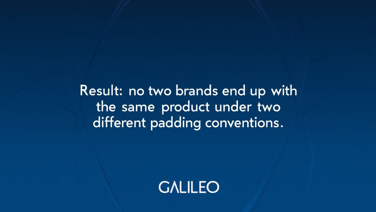 galileoprotocol's tweet photo. Every GTIN ends in a check digit.           
  It's a mod-10 calculation that catches typos before they reach the database.
                                                                                
  Most systems skip validating it.                                              
  Galileo doesn't.                                                              
                                                                                
  → Every product creation validates the check digit                            
  → Every API response normalizes to 14 digits with left-padding                
  → Every DID is built from the normalized form                                 
                                                                                
  Result: no two brands end up with the same product under two different padding
   conventions.                                                                 
                                                                                
  Small detail. Avoids a huge class of interoperability bugs.